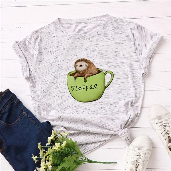 

women t shirt 100% cotton plus size short sleeve cute sloth and coffee print female vogue t shirt o neck harajuk, White