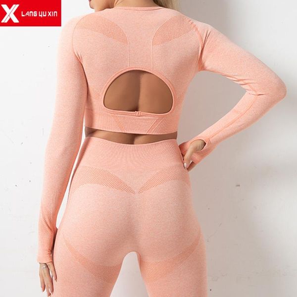 

yoga outfits seamless set women gym sports long sleeve crop and energy high waist leggings 2 piece sets workout tracksuits, White;red