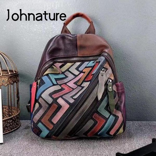 

johnature national style genuine leather small backpack 2020 new vintage cowhide color splicing mini backpack random color