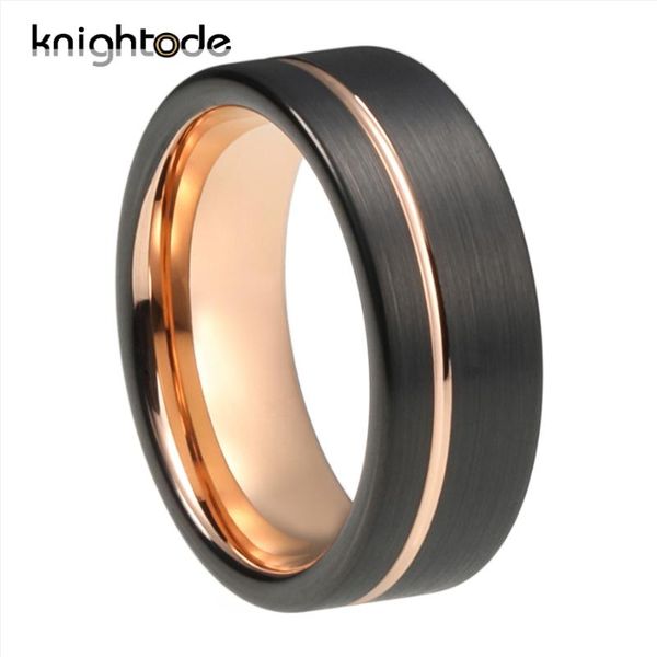 

8mm two tone black tungsten carbide ring for men women engagement wedding band rose gold offset line flat brushed comfort, Slivery;golden
