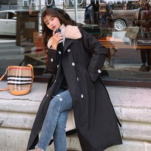 

women safari style sashes double-breasted parka coat outwear jacket lambswool collar long cotton liner parka1, Black