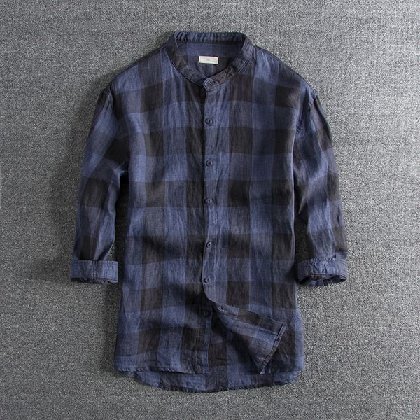 

2021 men new vintage color matching checkered washed linen men's five-point sleeve plaid stand-up collar camisas shirt dico, White;black