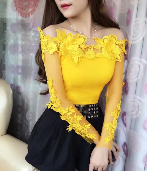 

summer women sweet bateau floral lace blouse casual long sleeve slash neck mesh blouses party long mesh sleeve shirts t200321, White