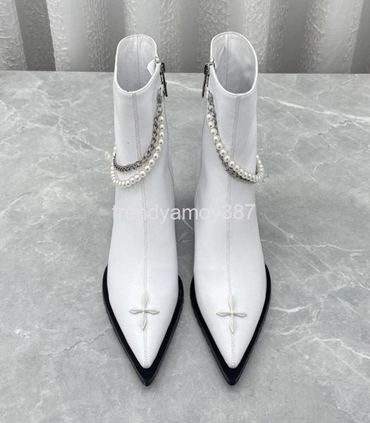 

boots zhang tianai's same cross flower bead chain zipper short boots martin pointed thick heel high heels chelsea women's, Black