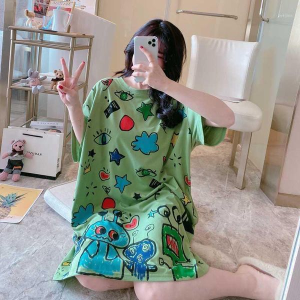 

babyoung new summer women sleepwear long nightgown night dress polyester cotton round neck cartoon women sleep wear plus size1, Black;red