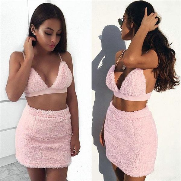 

2pcs women clothes set off shoulder halter bra crop summer slim mini skirt bodycon furry ladies party dress, Gray