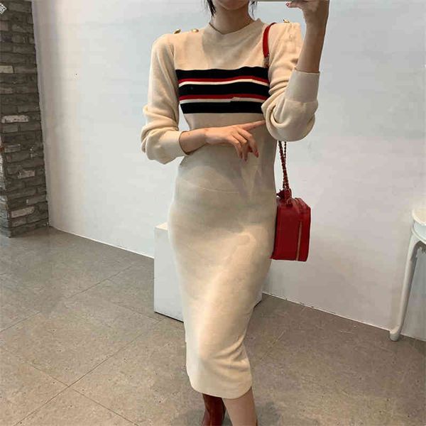 

One-piece Korean Round Neck Striped Waist Knitted Dress Autumn And Winter Over-the-knee Sweater Wild Ladies Casual Dres, Black;gray