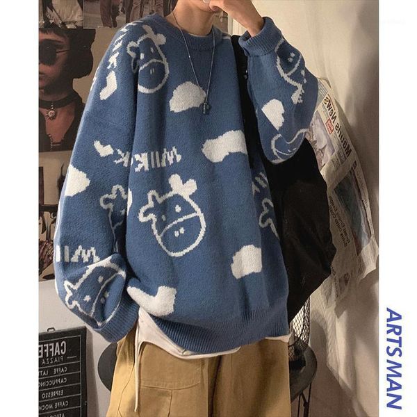

soft milk blue sweater men's autumn and winter loose outer wear lazy gentle wind pullover knitted sweater1, White;black