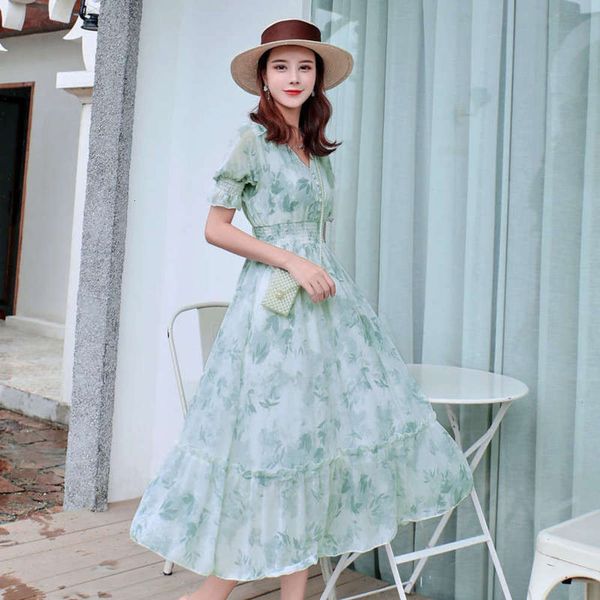 

waist french minority gentle slim v-neck ruffle skirt ink flower chiffon dress, Black;gray