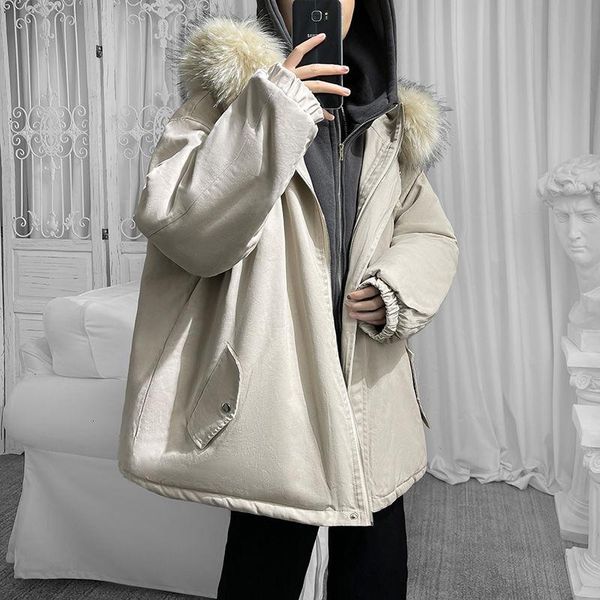 

men's down & parkas winter thick fake two-piece jacket warm fashion casual fur collar hooded coat parka men korean short mens clothes, Black