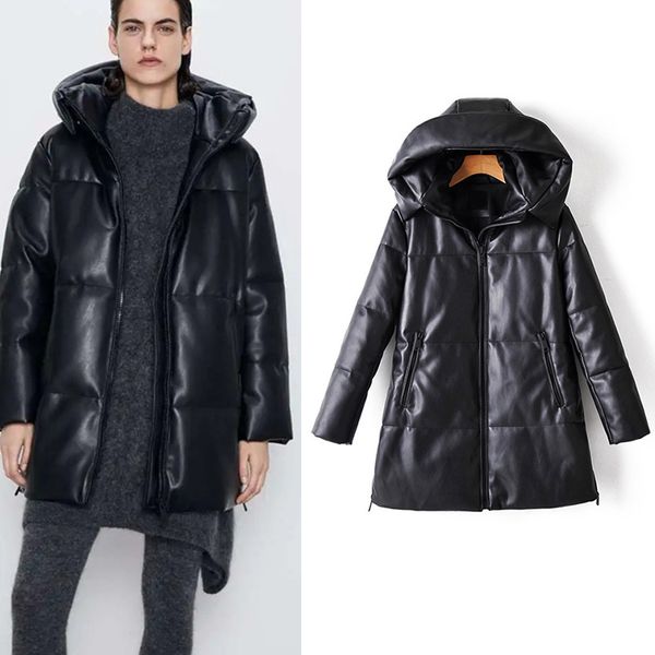 

winter women thicken warm faux leather hoodie parkas zipper oversize -20 jacket coat female outwear casual loose overcoat 201130, Black