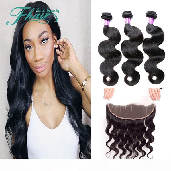 

high products 8a peruvian 13x4 middle 3part lace frontal closure with 3 bundles body wave hair weaves #1b natural color 4pcs lot, Black