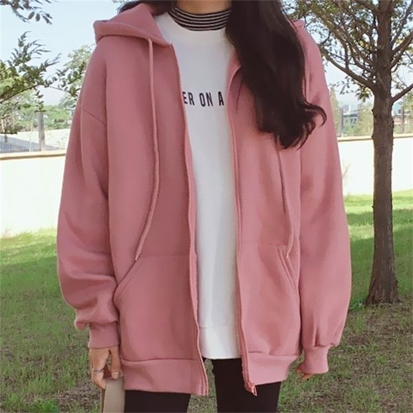 

new korean hoodies coat women casual loose womens jacket hooded sweatshirts plus zipper oversized autumn outwear xxl y200915, Black