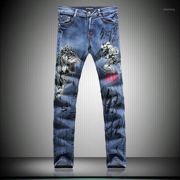 

spring&winter new men's slim jeans brand famous tiger beauty printed skinny fit painted jeans size 28-36 y0331, Blue