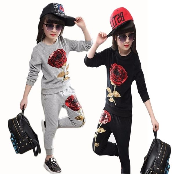 

girls clothes rose sequin applique long-sleeved t-shirt pants sports two-piece 3-8 year child quality kids' wear y200325, White