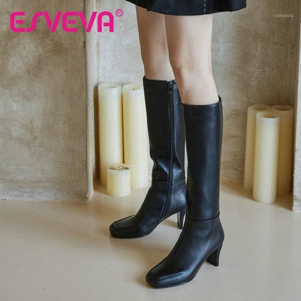 

esveva 2021 zipper square med heel cow leather knee high boots platform square toe black women boots shoes size 34-391