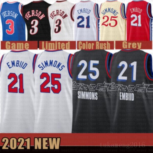 

2021 new joel 21 embiid basketball jersey ben 25 simmons mens allen 3 iverson mesh julius 6 erving retro beige, Black;red