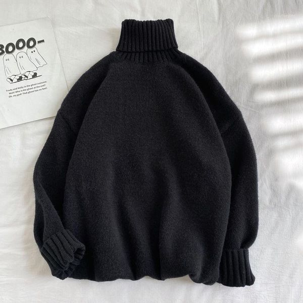 

winter turtleneck sweater men's warm fashion solid color casual knitted pullover men wild loose knitting sweaters mens clothes1, White;black