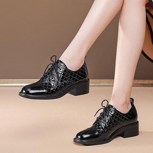 

2021 new shoes for women square heel female footwear genuine leather breathable lace up fashion shoes zapatos de mujer pumps1, Black