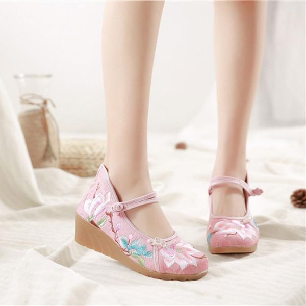 

cotton fabric women shoes wedges sandals mary jane button pumps ladies summer shoe national embroider ethnic casual high heels, Black