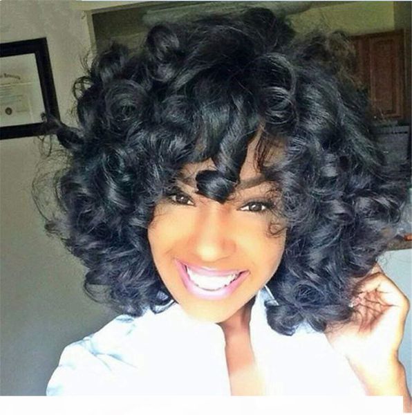 

pretty short curly human hair wigs with bang pre plucked lace front human hair wigs curly wigs for black women130%density, Black;brown