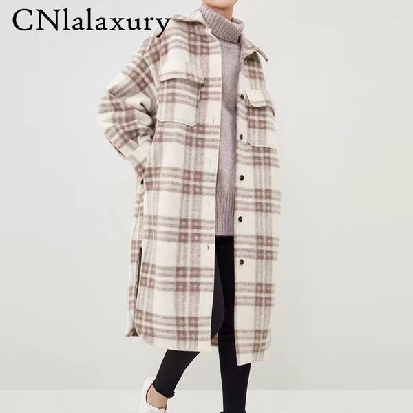 

new women autumn winter plaid shirts wool coats 2020 long sleeve vintage pockets jacket female casual loose outerwear overcoat1, Black