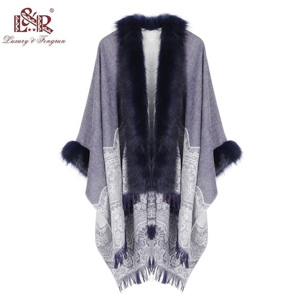 

winter foulard women poncho with fur collar floral female cashmere shawls scarf jacquard skill warm pashmina poncho tassel 201224, Blue;gray