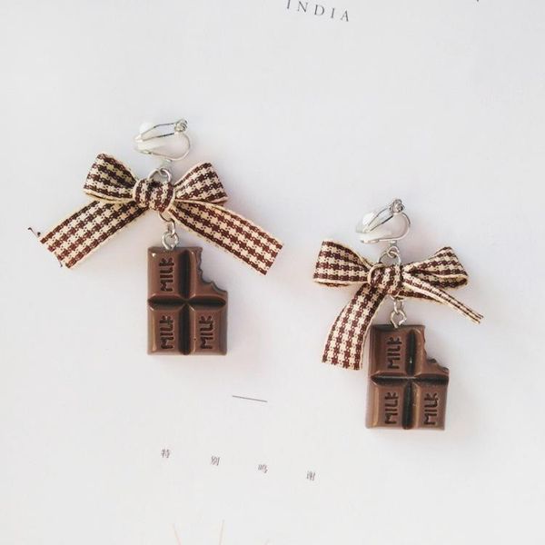

sjdi-305 houndstooth lace-up lace facric butterfly tie bowknot clip on earrings dessert cake chocolate clip earring, Golden;silver