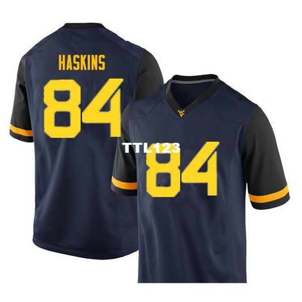 

3740 west virginia mountaineers j.haskins #84 real full embroidery college jersey size s-4xl or custom any name or number jersey, Black