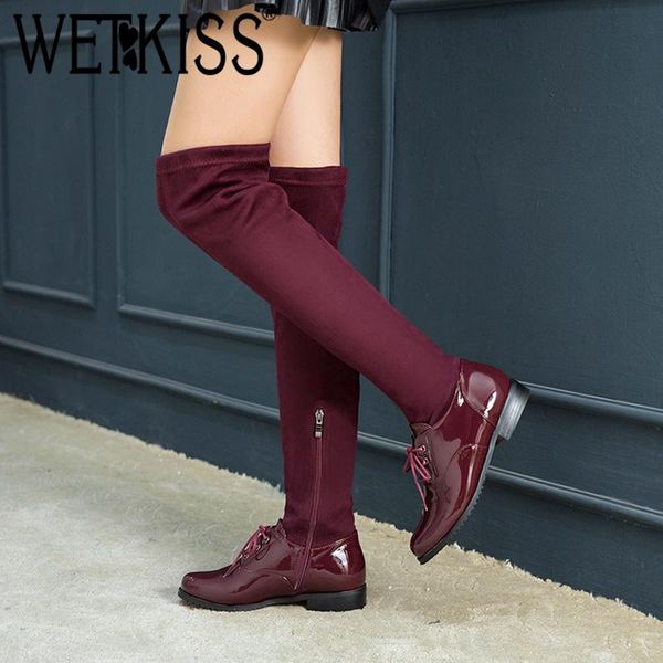 

wetkiss autumn over the knee women boots round toe pu lace up footwear stretch female boots black thick heels shoes women 2020