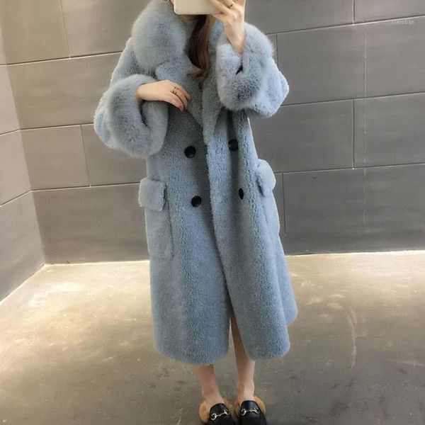 

real fur coat white winter warm thick hair turn-down collar wool overcoats long pockets button cashmere female outwear parka1, Black