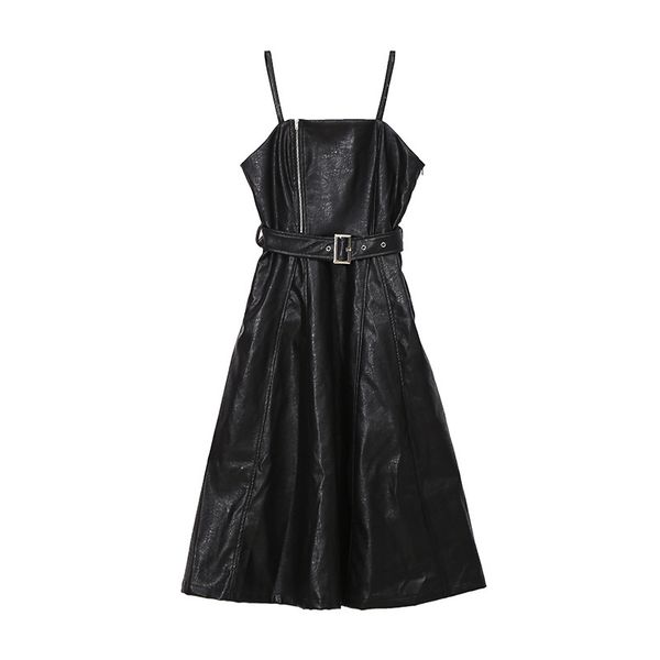 

2021 new women's spring and fall clothes simple fashion, fine temperament, waistline pu, black, sling a dress of sewing dnpj, Black;gray