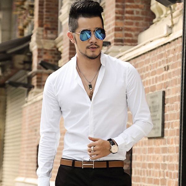 

slim stretch men long sleeve chemise homme business casual shirt collar solid dress worker wear camisa masculina s2024, White;black