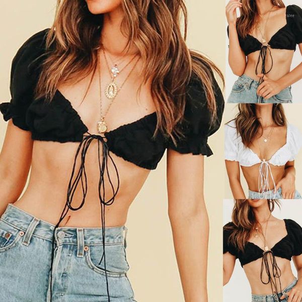 

summer women short blouses fashion bandage puff sleeve crop and blouse clubwear bow knot tie ladies blouses woman blusa1, White