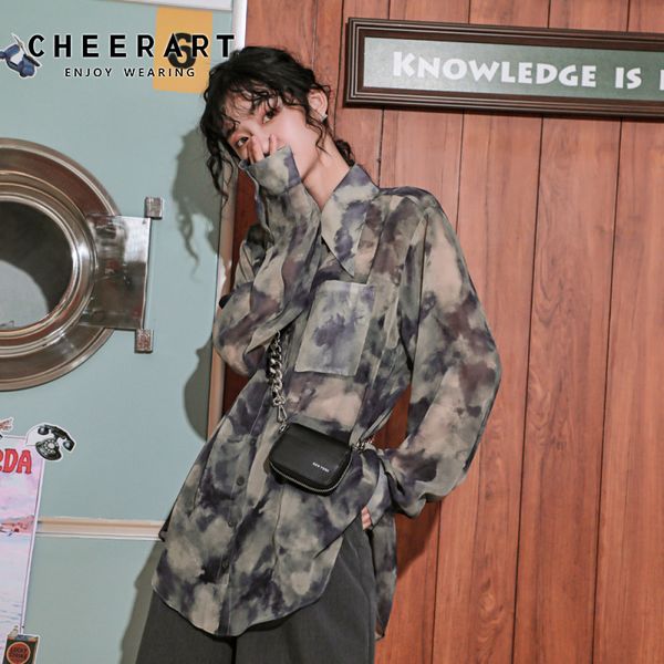 

cheerart tie dye vintage long sleeve blouses shirts women korean loose baggy shirt ladies button up collar shirt 201126, White