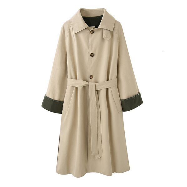 

2021 new turn down collar color patchwork long trench femme women coat streetwear shelter 6hqv, Tan;black
