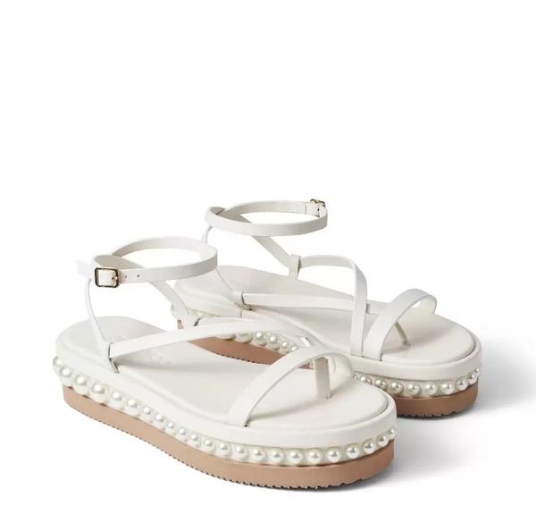 

summer style pine sandals shoes women platform wedges flat latte vachetta leather black white pearl embellishment comfort working gladiator