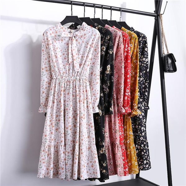 

2019 summer chiffon party dresses bow a-line women autumn long sleeve floral print vintage dress casual white midi vestidos1, Black;gray