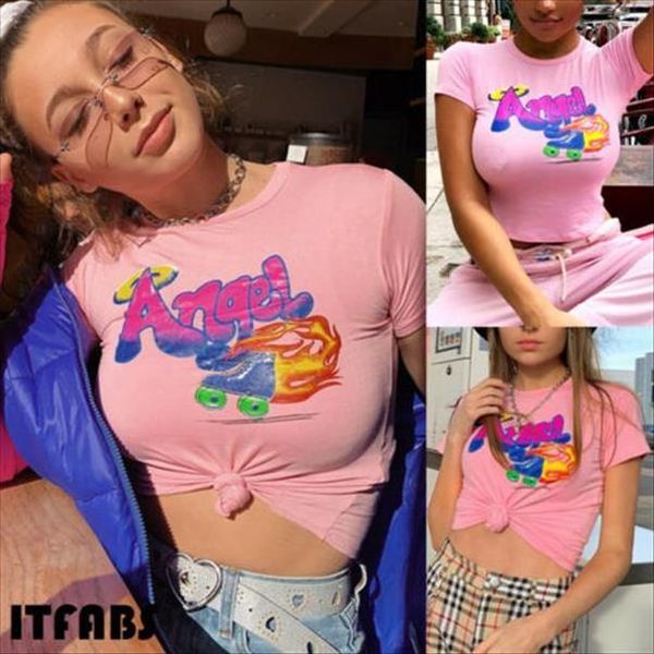 

2020 женщины sweet girl summer beach с коротким рукавом рубашки тонкий printed crop повседневный o neck top, White