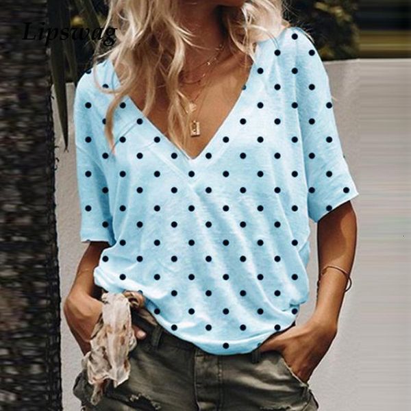 

women 2020 summer polka dot blouse shirt fashion loose v-neck short sleeve pullover casual print plus size blusa feminina, White