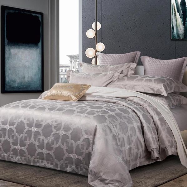 

satin jacquard pure cotton 4pcs duvet cover bed set bed sheet pillowcases retro grey royal blue purple pink red ruby  king