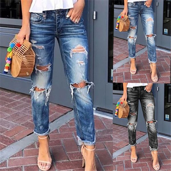 

slim jeans ladies retro jeans high waist ripped pants ladies casual cuffed trousers, Blue