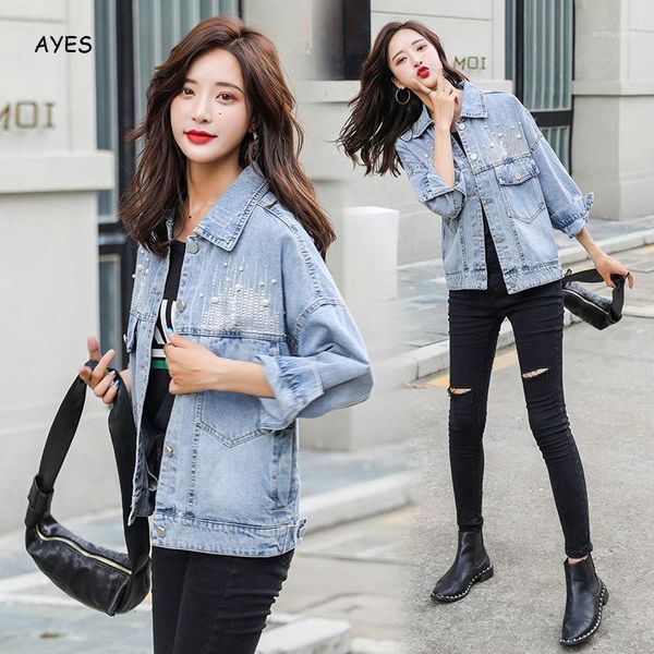 

vintage women jean jacket with pearls beading 2020 spring autumn long sleeve jackets denim coat jean women loose outwear female1, Black;brown