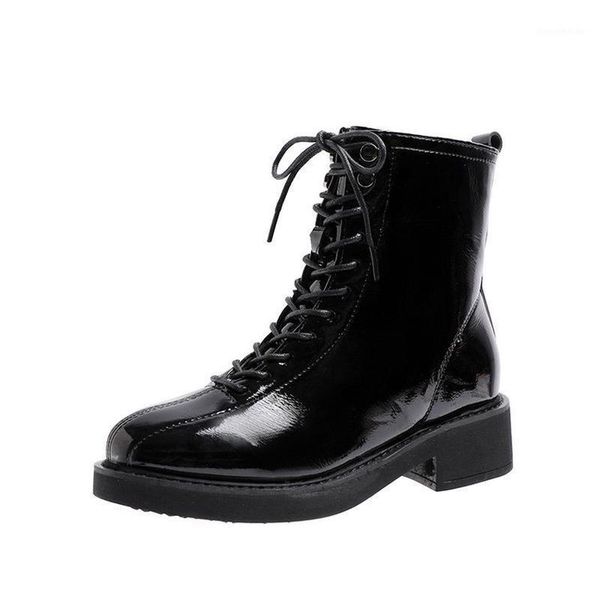

boots solid black leather female lace up ankle for women shoes woman sewing square mid heels platform winter1