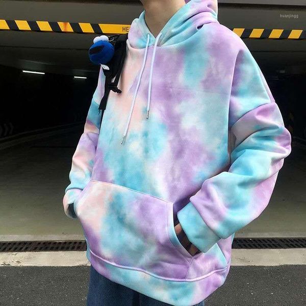 

men women hoodies sweatshirt colorful tie dye printed long sleeve hooded women's korean loose cotton pullover plus size1, Black