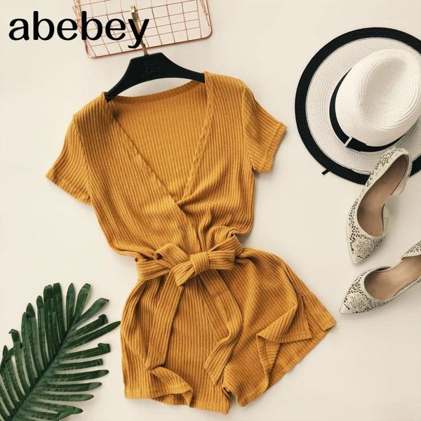 

2020 solid deep v neck jumpsuit bandage casual elastic short overalls women playsuit summer tie high waist basic romper1, Black;white