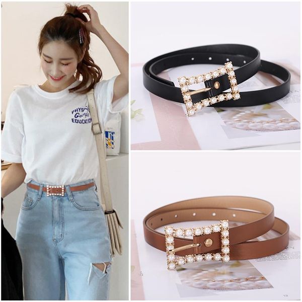 

korean version of the new pearl belt women's decorative dress simple matching skirt jeans with a shirt over the lady, Black;brown