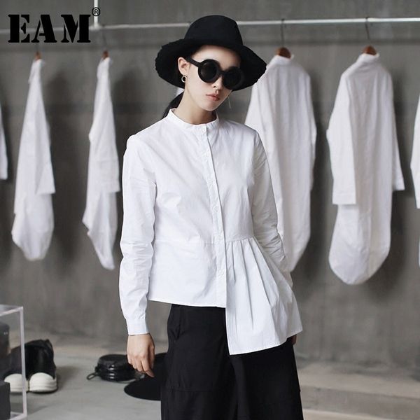 

[eam] spring hem folds spliced irregular slim casual long sleeve o-neck shirt fashion new women blouse la315 201201, White