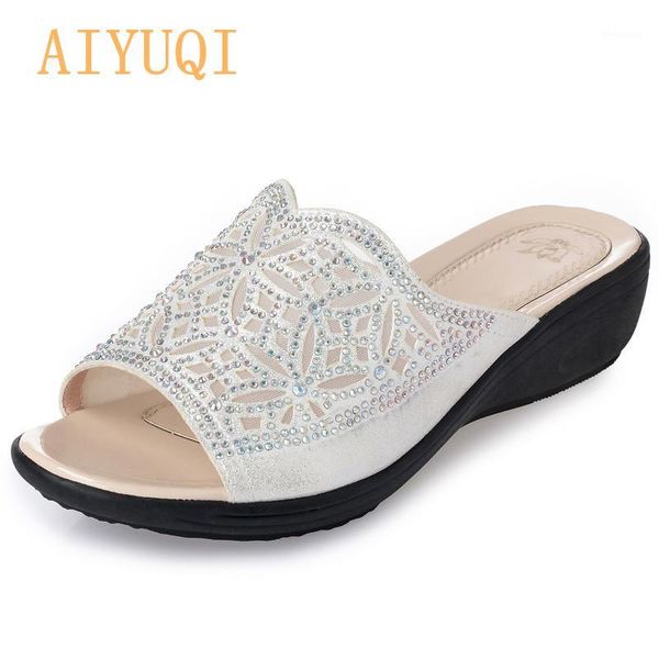 

slippers aiyuqi 2021 summer fashion woman bling big size 41 42 43 sandals silver rhinestone wedges flip flop women1, Black
