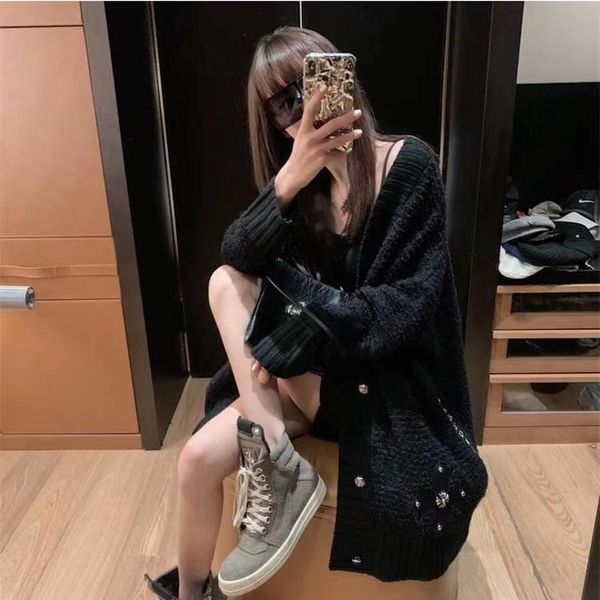 

2020 autumn new black cross leather label cardigan mid-length sweater coat women, White